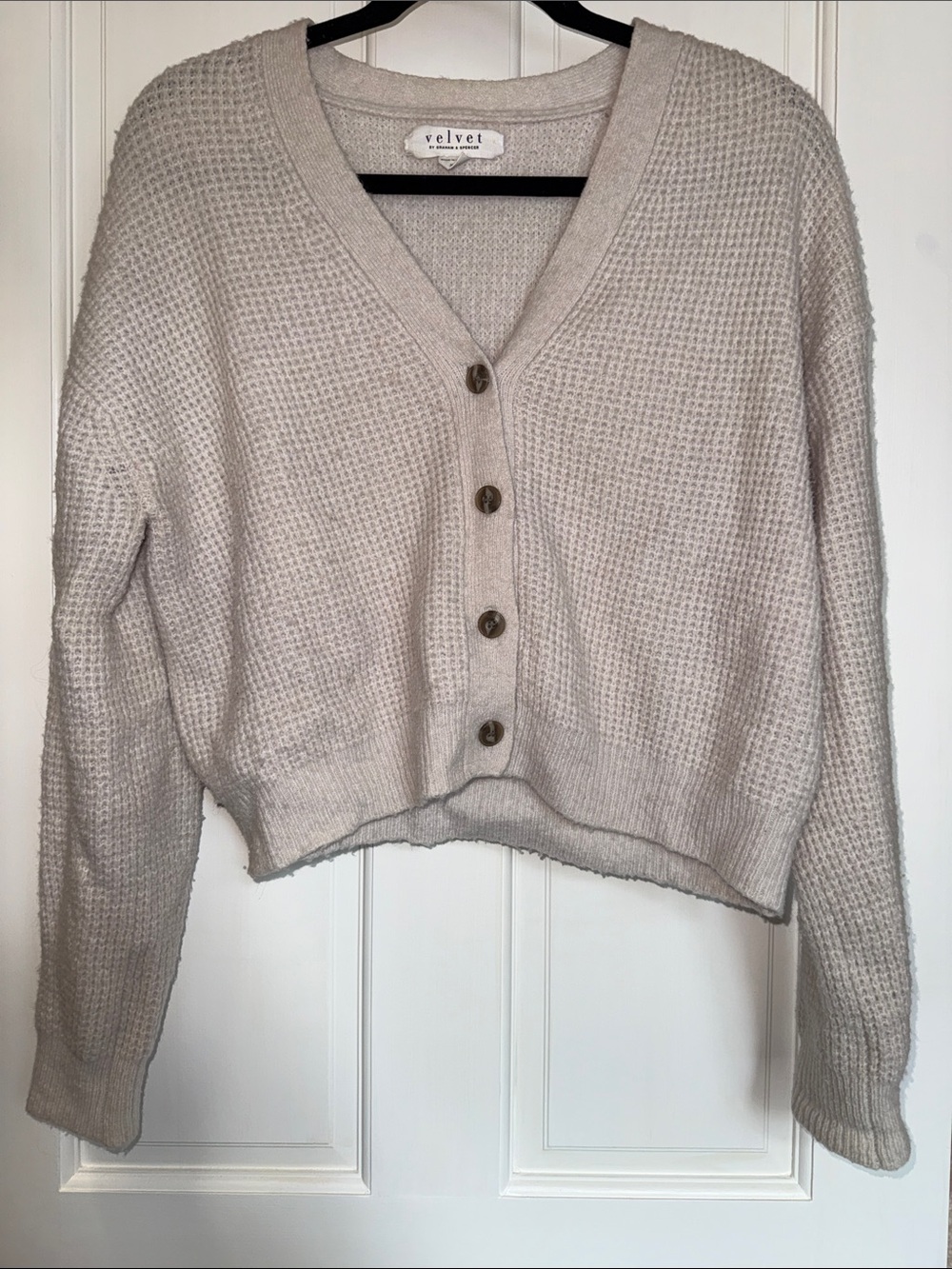 Velvet Cropped Waffle Knit Button-Front Cardigan in Light Pink/Purple